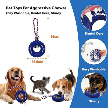 Deeow Dog Tire Toy, Treat Dispensing Chew Toy for Teething Clean and Dental Care, Natural Rubber Enrichment Dog Toys for Boredom Relieve, Interactive Tug-of-War Slow Feeder Pet Toys-Blue