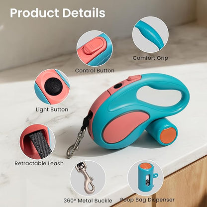 Retractable Dog Leash, 11ft Tangle-Free Reflective Nylon Tape with Anti-Slip Handle & USB Rechargeable Flashlight for Night Walks, Suitable for Small to Medium Dogs Up to 30 Lbs (Blue)