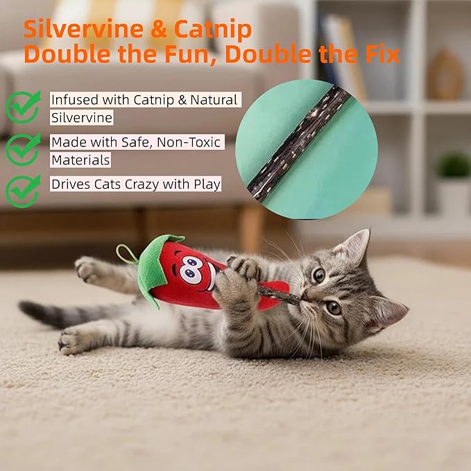 5 Pcs Catnip Toys for Indoor Cats, Hanging Tomato Toy with Hook, Natural Silvervine Chili & Dino Rope for Kitten Teething, 2 Plush Fish for Hairball Relief & Anxiety, Dental Chew Set