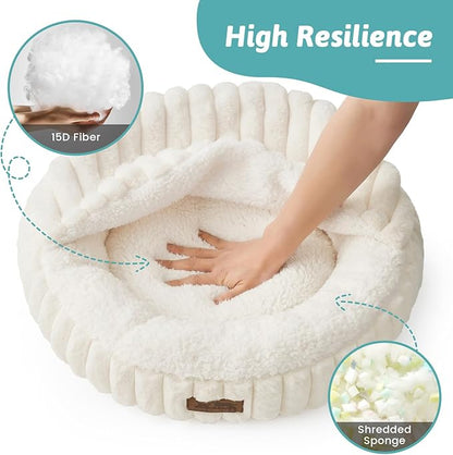 Cat Bed with Hooded Blanket, Round Fluffy Anti-Anxiety Pet Bed for Cats/Small Dogs, Cozy Donut Cuddler with Machine Washable Faux Fur & Anti-Slip Bottom(23"×23"×6",Cream)