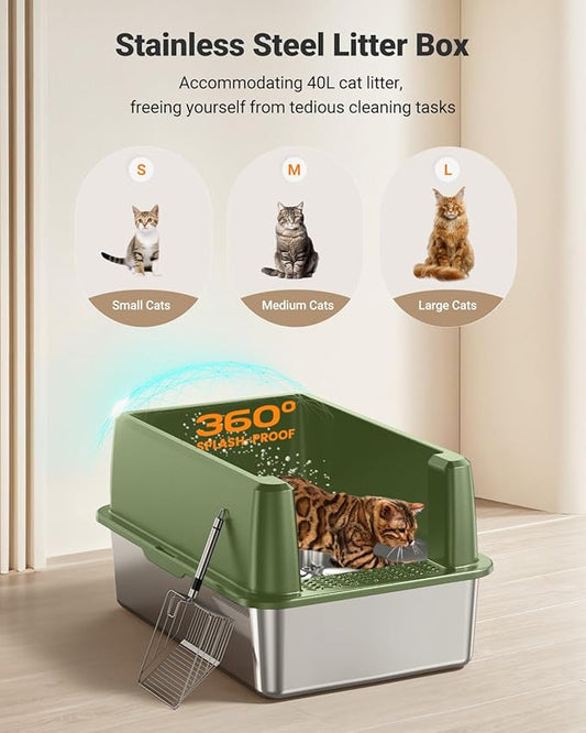 XL Stainless Steel Litter Box, Large Metal Cat Litter Box with High Sided for Big Cats, Enclosed Litter Boxes with Lid, Easy-Clean Cat Litter Mat & Scoop Kit, Non Sticky, Anti-Urine Leakage