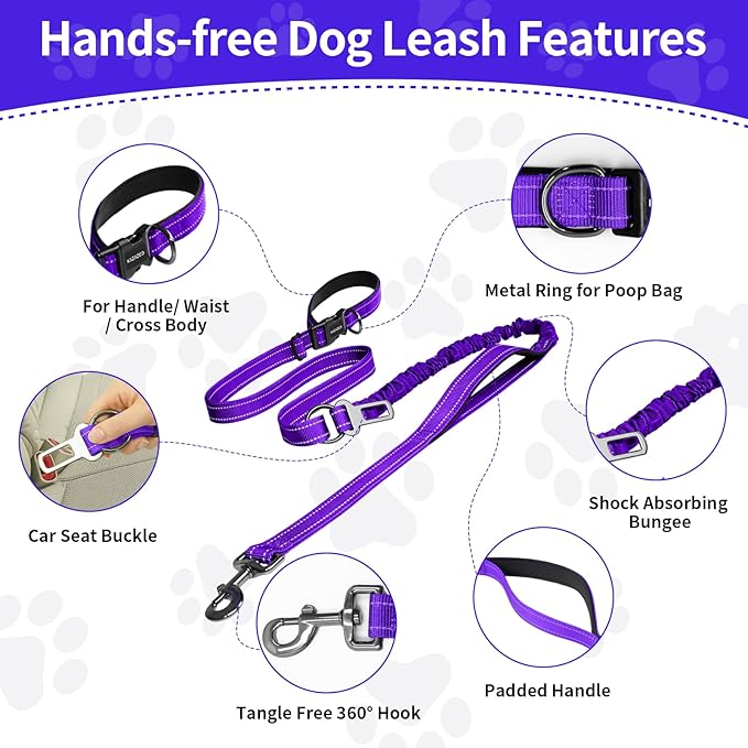 Kazazoo Hands-Free Dog Leash with 6-9FT Adjustable Length - Heavy Duty No Pull Bungee Design, Reflective Safety for Walking, Jogging & Training | Suitable for Medium to Large Dogs Purple L