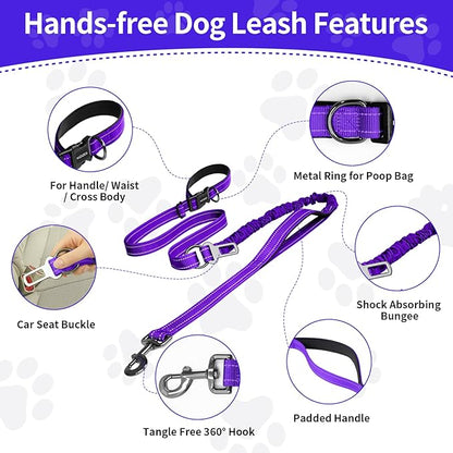 Kazazoo Hands-Free Dog Leash with 6-9FT Adjustable Length - Heavy Duty No Pull Bungee Design, Reflective Safety for Walking, Jogging & Training | Suitable for Medium to Large Dogs Purple L
