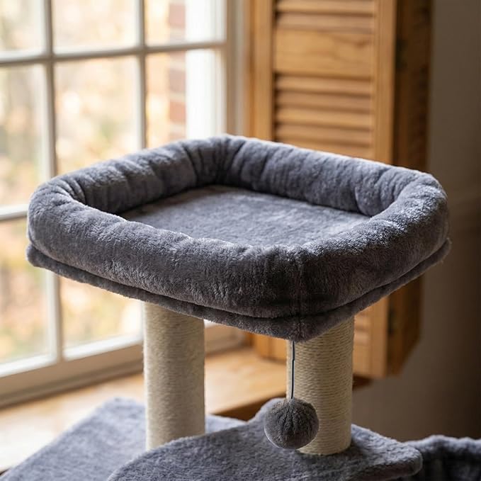 35.4'' Multifunction Cat Tree with Cozy Hammock & Hanging Ball, Cat Tower with Activity Cat Condo & Jute-Covered Scratching Posts, Grey