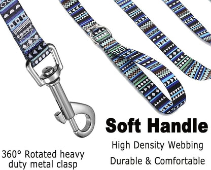 Dog Collar and Leash Set with Bohemia Floral Tribal Geometric Patterns - Soft Ethnic Style Collar Adjustable for Small Medium Large Dogs(Bohemian Blue Set,L)