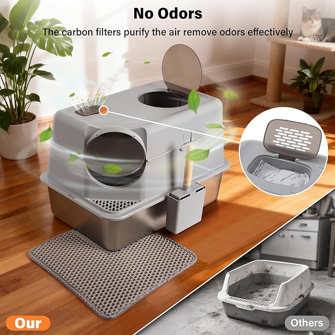 Stainless Steel Litter Box with Lid,Extra Large Enclosed cat Litter Box, Metal litterbox with Flip Top,Front and Top Entry,Anti-Leakage,Easy Cleaning,Includes Carbon Filters & Scoop & Mat