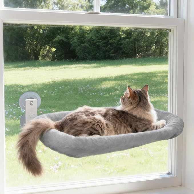Extra Large Cat Window Perch (23.8×11.8in) - Washable 2-Season Fabric Cover, 4 Strong Suction Cups, Solid Metal Frame - Foldable Cat Hammock for Large Cats/2 Cats, Cordless Design (Grey)