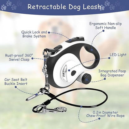 26Ft Retractable Dog Leash - for Dog Up to 110lbs, Tangle Free Walking Leash with Chew Proof Cable | LED Light | Dispenser | Poop Bags, Quick Lock Braking & Non-Slip Handle (White)