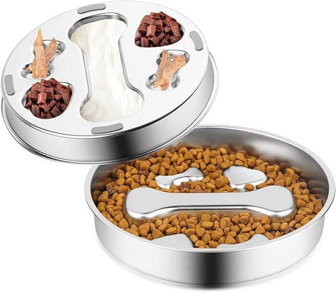 Stainless Steel Slow Feeder Dog Bowls,Slow Food Bowl for Dog & Cat - 2 Cups Capacity,Bone-Shaped Design Pet Food Holder,Metal Non-Slip Lick Plate,Puzzle Maze Dish for Small Sized Breeds