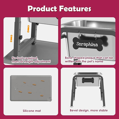 2.8 Gallon Elevated Large Dog Water Bowl with Mat, 4 Height Adjustable 10.4-15.2", Raised Dog Water Bowl Stand for Large Breed