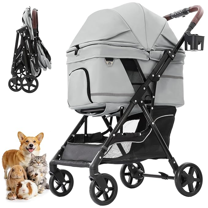 NO-Zip Pet Stroller for Small Dogs & Cats, Lightweight Dog Stroller with Reflective Safety Strips, One-Hand Fold, Claw-Proof Mesh, Breathable Travel Carriage, 33lbs Capacity, Gray