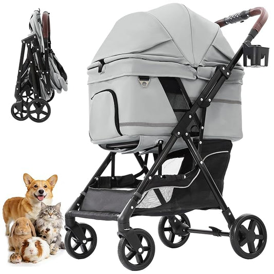 NO-Zip Pet Stroller for Small Dogs & Cats, Lightweight Dog Stroller with Reflective Safety Strips, One-Hand Fold, Claw-Proof Mesh, Breathable Travel Carriage, 33lbs Capacity, Gray