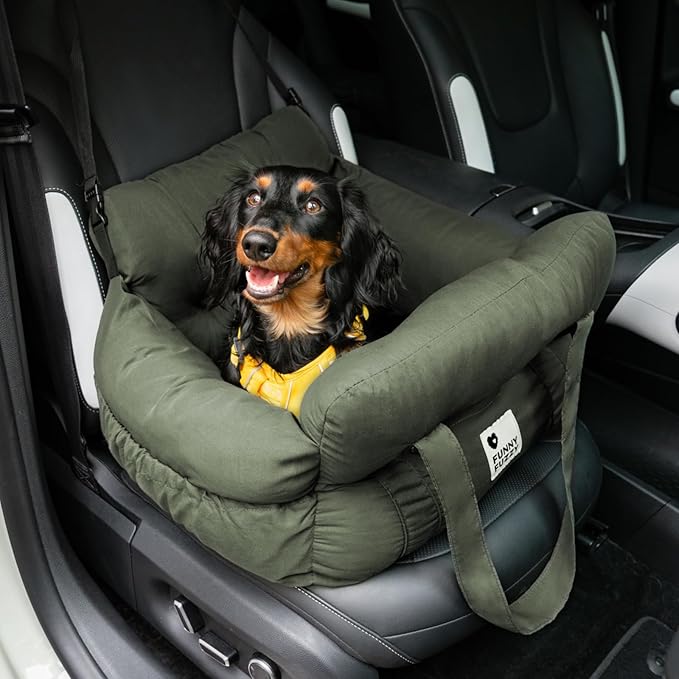 Funny Fuzzy Dog Car Booster Seat for Small Medium Dogs Up to 25lbs, Waterproof Fabric with Non-Slip Base & Safety Leash, Fully Detachable & Machine Washable (Army Green)