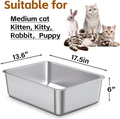 Stainless Steel Litter Box, Metal Litter Box, Cat Litterbox for Kitten, Kitty, Rabbit, 6" High Side Cats Litter Boxes, Cat LitterBox, No Smell, Non Stick, Easy to Clean
