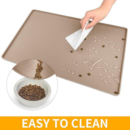 Ptlom Dog Food Mat Waterproof Pet Bowl Mats with High Lips, Non-Slip Dog Placemat Prevent Messy Spills to Floor, Silicone Puppy Feeding Tray for Small, Medium Large Dogs Cats, Taupe, 24.5" 16.5"
