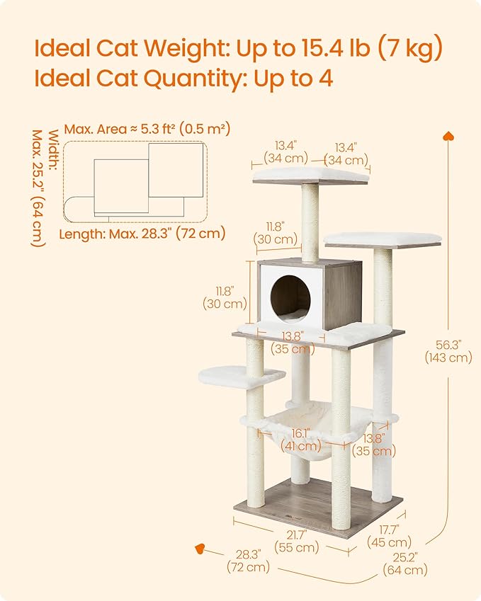 Feandrea Cat Tree, 56.3-Inch Modern Cat Tower, Multi-Level Plush Condo with Scratching Posts, Hammock, Washable Cushion, Heather Greige UPCT164G01