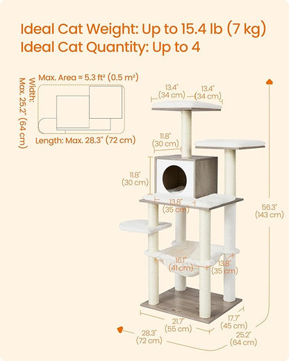 Feandrea Cat Tree, 56.3-Inch Modern Cat Tower, Multi-Level Plush Condo with Scratching Posts, Hammock, Washable Cushion, Heather Greige UPCT164G01