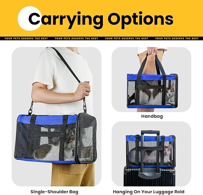 Cat Carrier Bag,Soft-Sided Pet Carriers for Dogs with 4-Sided Mesh,Airline Approved Cat Transport Carrier for Small&Medium Cats Kitten Puppy Up to 15LB,Collapsible Cat Travel Carrier-M,Blue