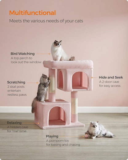 Feandrea Cat Tree, 40.6-Inch Cat Tower, Plush Condo for Extra Large Cats up to 44 lb, Large Perch, 2 Caves, Scratching Post, Jelly Pink UPCT614P01