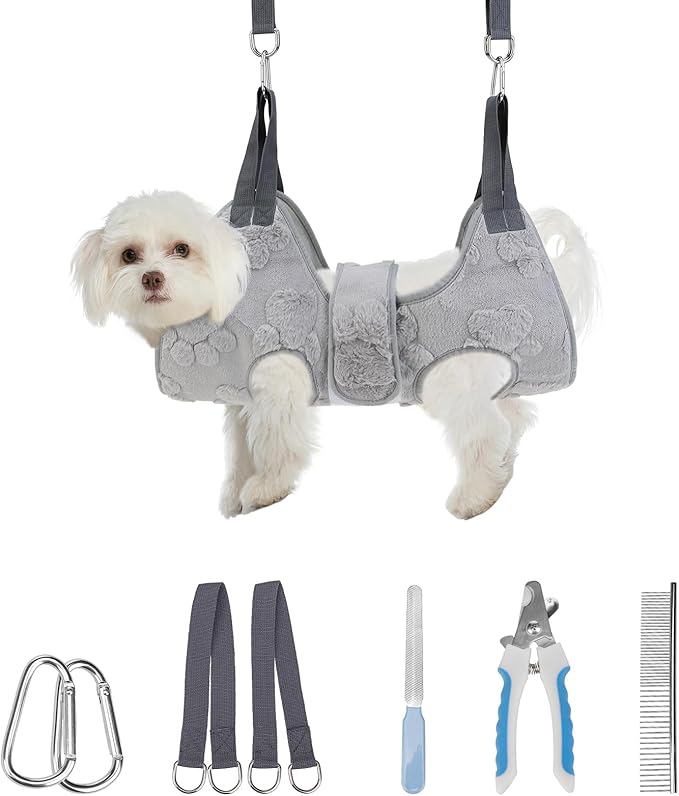 PAWCHIE Dog Grooming Hammock Harness for Dogs & Cats with Pet Nail Clipper Trimmer,Cat Hanger Sling for Trimming Clipping Nails,Warm Plush Dog Hammock Restraint Bag for Small Medium Large Dogs,Grey XS