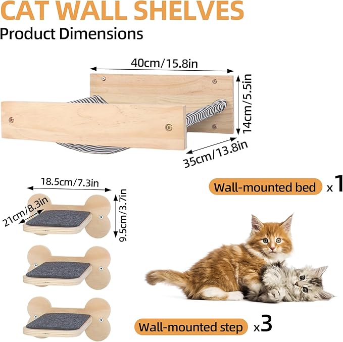 Cat Wall Hammock with 3 Steps, Pine Wood Wall Mounted Kitty Bed & Climbing Shelves up to 30lbs, Cat Furniture for Indoor Sleeping and Playing, Space Saving