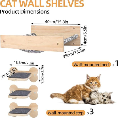 Cat Wall Hammock with 3 Steps, Pine Wood Wall Mounted Kitty Bed & Climbing Shelves up to 30lbs, Cat Furniture for Indoor Sleeping and Playing, Space Saving