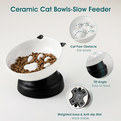 vancasso Slow Feeder Cat Bowls, Ceramic Elevated Slow Feeder Cat Bowls, Raised Food Bowl for Wet Food (Black)