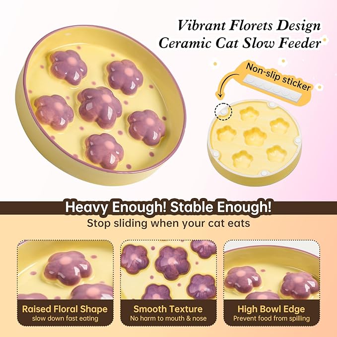 Ceramic Cat Slow Feeder Bowl - 6 OZ Puzzle Food Dish for Healthy Eating - Shallow Wide Whisker Friendly - Dishwasher Safe - 6.3''W x 1.2''H - 6 OZ - Light Purple Flower