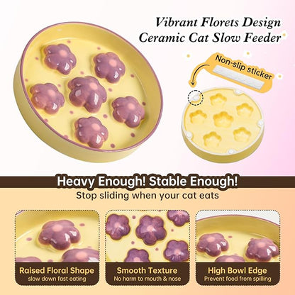 Ceramic Cat Slow Feeder Bowl - 6 OZ Puzzle Food Dish for Healthy Eating - Shallow Wide Whisker Friendly - Dishwasher Safe - 6.3''W x 1.2''H - 6 OZ - Light Purple Flower