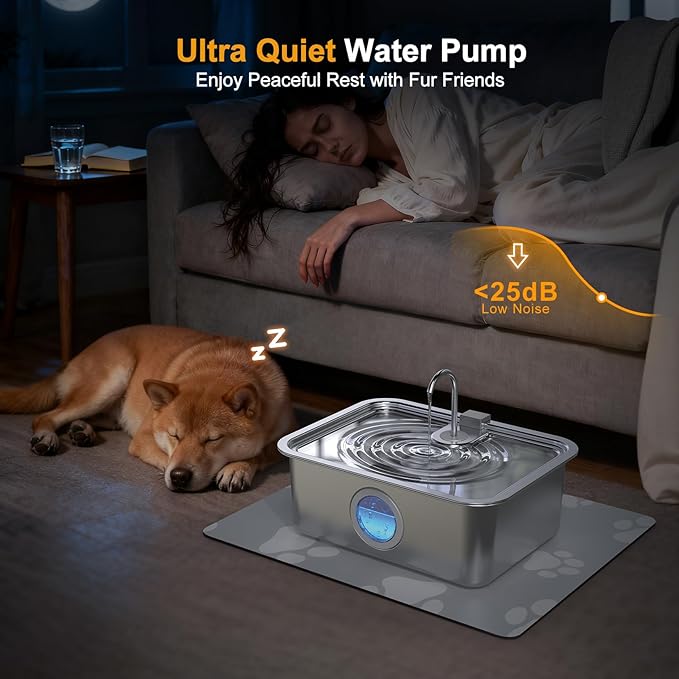 16L/4.2Gal Dog Water Fountain Stainless Steel with Silicone Mat & 4 Set Filters, DYSJ03 Dog Fountain Water Bowl for Large Dogs Cats & Multi-Pet Home, 5-Layer Filtration & Easy to Clean