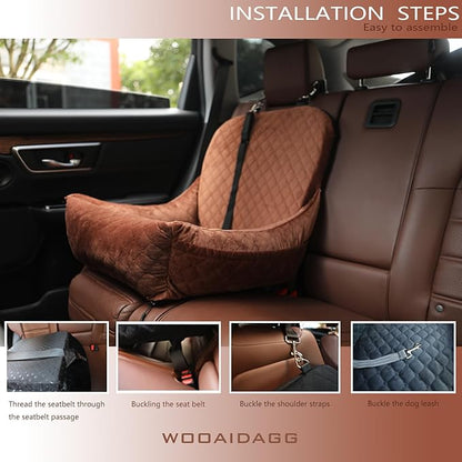 Wooaidagg Dog Car Seat for Small Dogs,Covered Soft Fabric and Fill in Memory Foam,Easy to Assemble and Fully Detachable,2 Clip-On Safety Leashes and Storage Pockets(Brown)