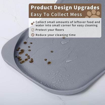 Silicone Pet Food Mat with Raised Edge for Food and Water Bowl, Dog Feeding Mats, Cat Food Trays for Floor Waterproof, Rubber Tray for Dogs and Cats, 22 x 14 x 0.8 Light Gray