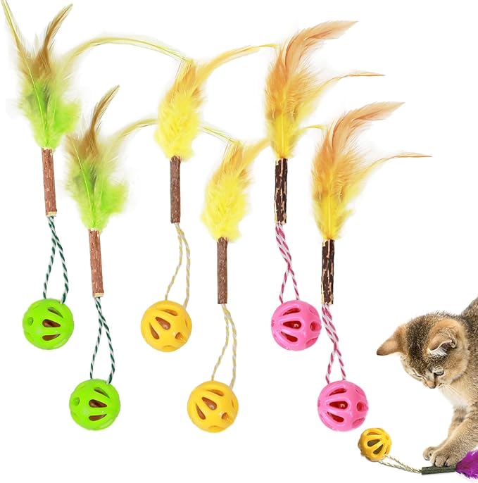3-in-1 Cat Toy Balls with Feather, Silvervine Stick and Inside Bell, Colorful Lattice Interactive Bell Balls for Indoor Cats and Kittens, Cat Teeth Cleaning Toys, 6 Pcs