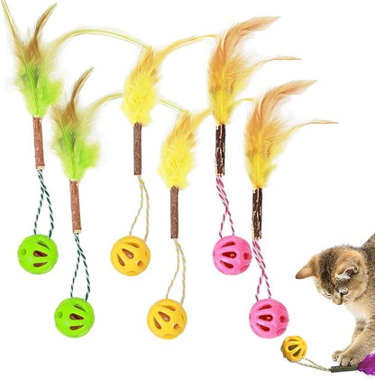 3-in-1 Cat Toy Balls with Feather, Silvervine Stick and Inside Bell, Colorful Lattice Interactive Bell Balls for Indoor Cats and Kittens, Cat Teeth Cleaning Toys, 6 Pcs