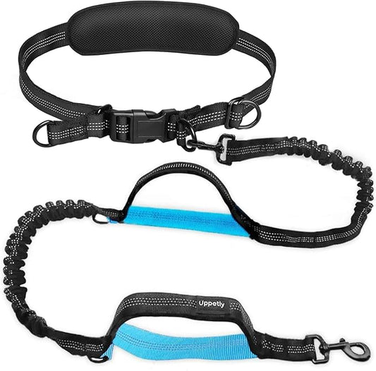Hands Free Dog Running Leash with Adjustable Waist Belt, Dual Handle Elastic Bungees Retractable Rope for Small and Medium Dogs, Reflective Stitches for Walking Hiking Biking (Medium, 8-25lb)