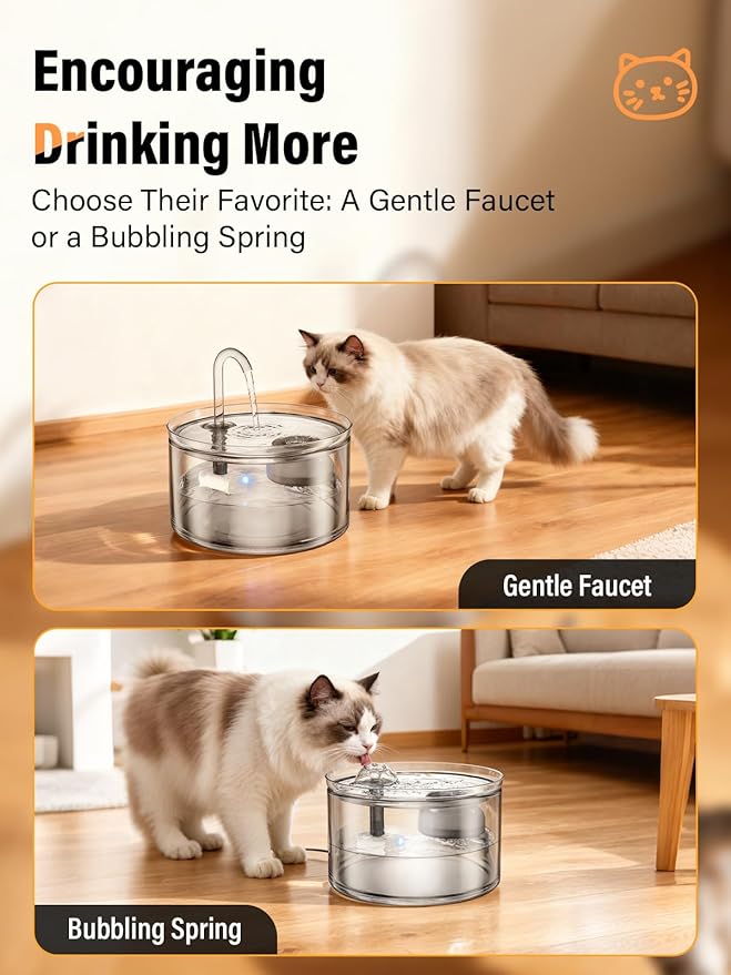 Cat Water Fountain, 74oz/2.2L Glass Automatic Water Fountain with Ultra-Quiet Auto Shut-Off Pump, Easy to Clean Pet Water Dispenser for Cats, Kittens Indoor (with 4 Filters)