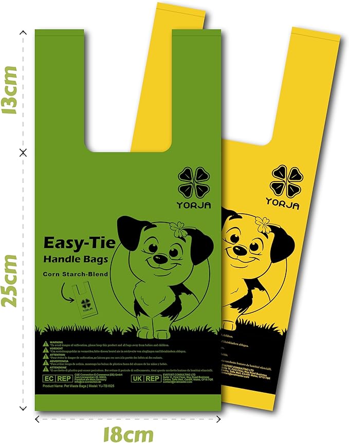 YORJA Tie Handles Dog Poop Bags, 280 Pet Waste Bags with OK BIOBASED Certificate, Thick and Strong 100% Leak-Proof Easy Tie Up Doggy Bags