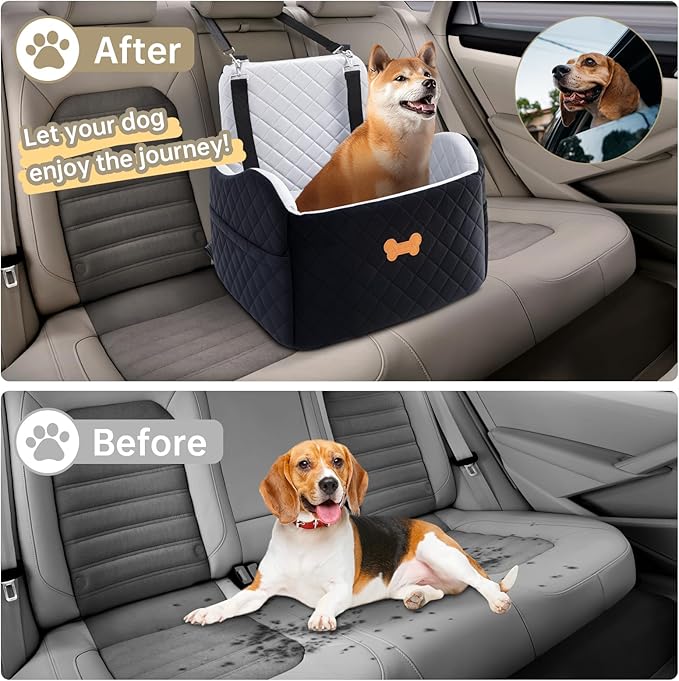 Dog Car Seat for Small Dogs, Dog Booster Seat Filling in Thick Memory Foam with 2 Safety Leashes and Storage Pocket, Suitable for Pet Under 30lb or 2 Puppies (Grey/Black)