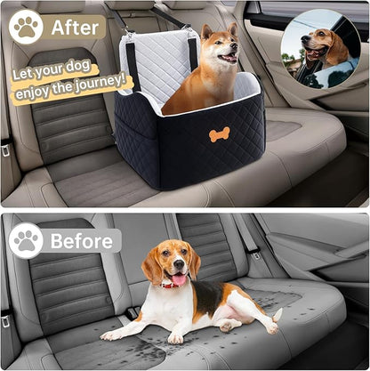 Dog Car Seat for Small Dogs, Dog Booster Seat Filling in Thick Memory Foam with 2 Safety Leashes and Storage Pocket, Suitable for Pet Under 30lb or 2 Puppies (Grey/Black)