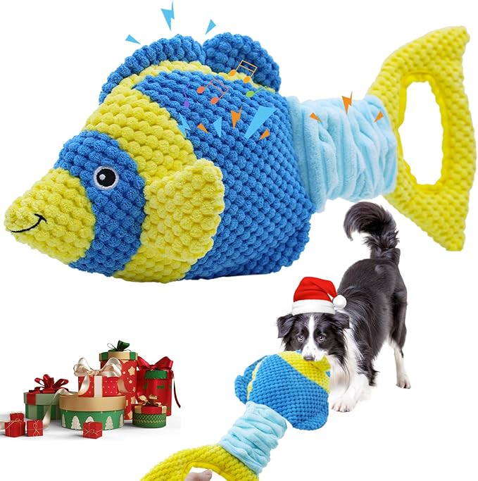 Tug of War Dog Toy, Squeaky Dog Toys, Interactive Fish Puppy Toys with Crinkle Paper to Keep Them Busy