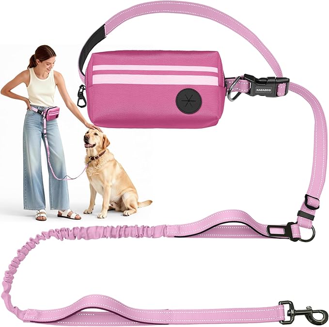 Hands Free Dog Leash with Removable Zipper Pouch, Dual Padded Handles and Durable Bungee for Walking, Jogging and Running Your Dog (Large, 35-140 lbs-Pink