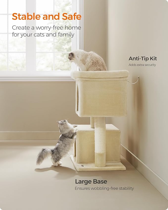 Feandrea Cat Tree, 40.6-Inch Cat Tower, Plush Condo for Extra Large Cats up to 44 lb, Large Perch, 2 Caves, Scratching Post, Beige UPCT614M01