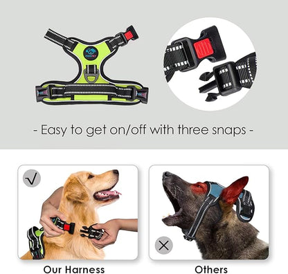 PHOEPET No Pull Dog Harness Medium Reflective Front Clip Vest with Handle,Adjustable 2 Metal Rings 3 Buckles,[Easy to Put on & Take Off](M, Green)