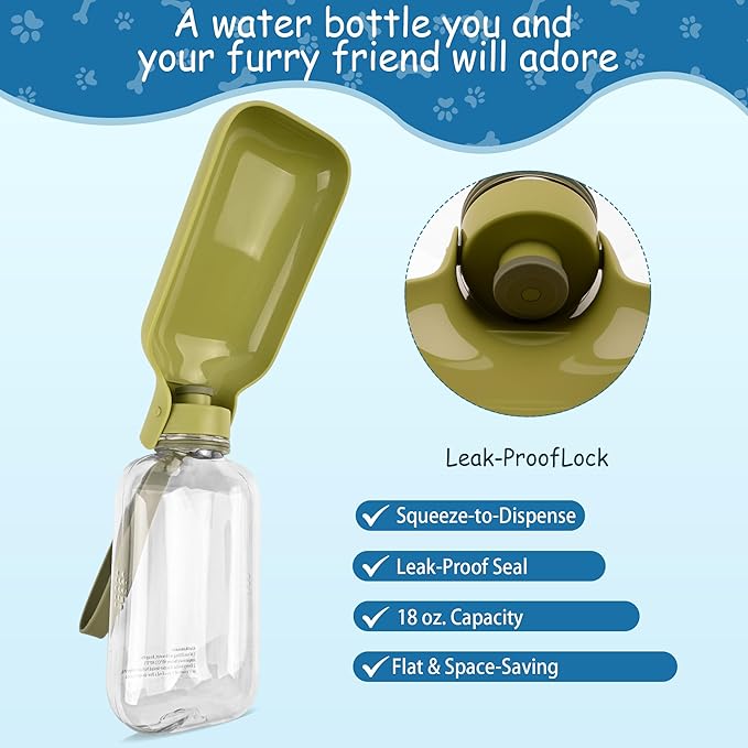Portable Dog Water Bottle-18 Oz Leak-Proof Green Water Bowl Dispenser for Walk Hiking or Travel