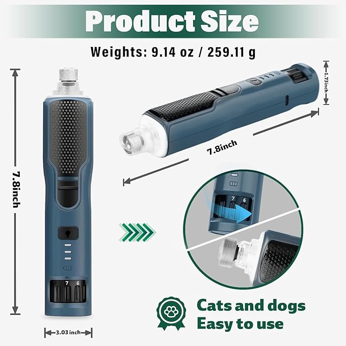 7-Speed Dog & Cat Nail Grinder with Light - Ring LED Safe to Avoid Overcut, Quiet Low Vibration & Powerful Fast, Cordless Rechargeable Toenail Trimmer for Small & Large Puppy & Breeds Paws(Orange)