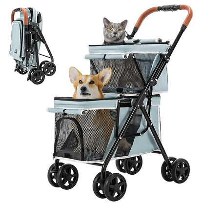 Double Pet Stroller for Dogs and Cats, One-Hand Folding Dog Stroller Travel Carriage for Small Medium Dogs Cats, 4 Wheels, Blue