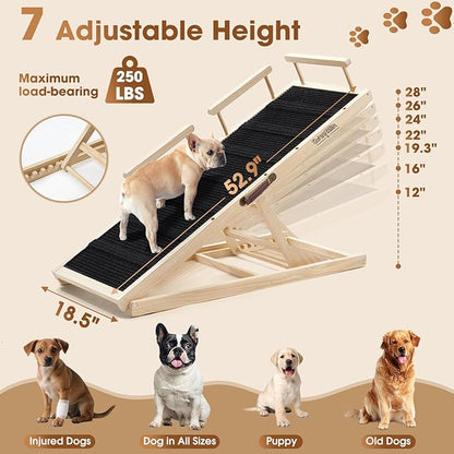 Dog Ramp for Bed - 52.9" Long Adjustable 12" to 28" Wooden Pet Ramp for Small Large Older Dogs - Dog Ramps for High Beds Couch Car - Dog Steps with High Traction Mat & Safety Side Rails Up to 250LB
