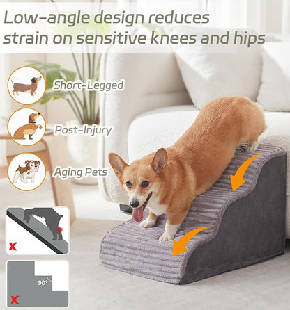 Dog Stairs for Small Dogs & Cats 22.5" H, High Density Foam Dog Steps Ramp for High Bed and Couch, Pet Stairs with Non-Slip Bottom and Remove Washable Cover, 5-Step Pet Steps, Grey
