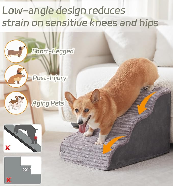 Dog Stairs for Small Dogs and Cats 18" H, High Density Support Foam Dog Steps Ramp for Bed and Couch, Pet Stairs with Non-Slip Bottom and Remove Washable Cover, 4-Step Pet Steps, Grey