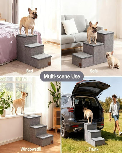 Dog Stairs with Storage, 3-Step Pet Stairs for Small & Medium Dogs and Cats, Dog Steps for Bed, Detachable & Reconfigurable Design, Anti-Slip Steps, Sturdy 132lbs Support, Ideal for Bed, Sofa & Window